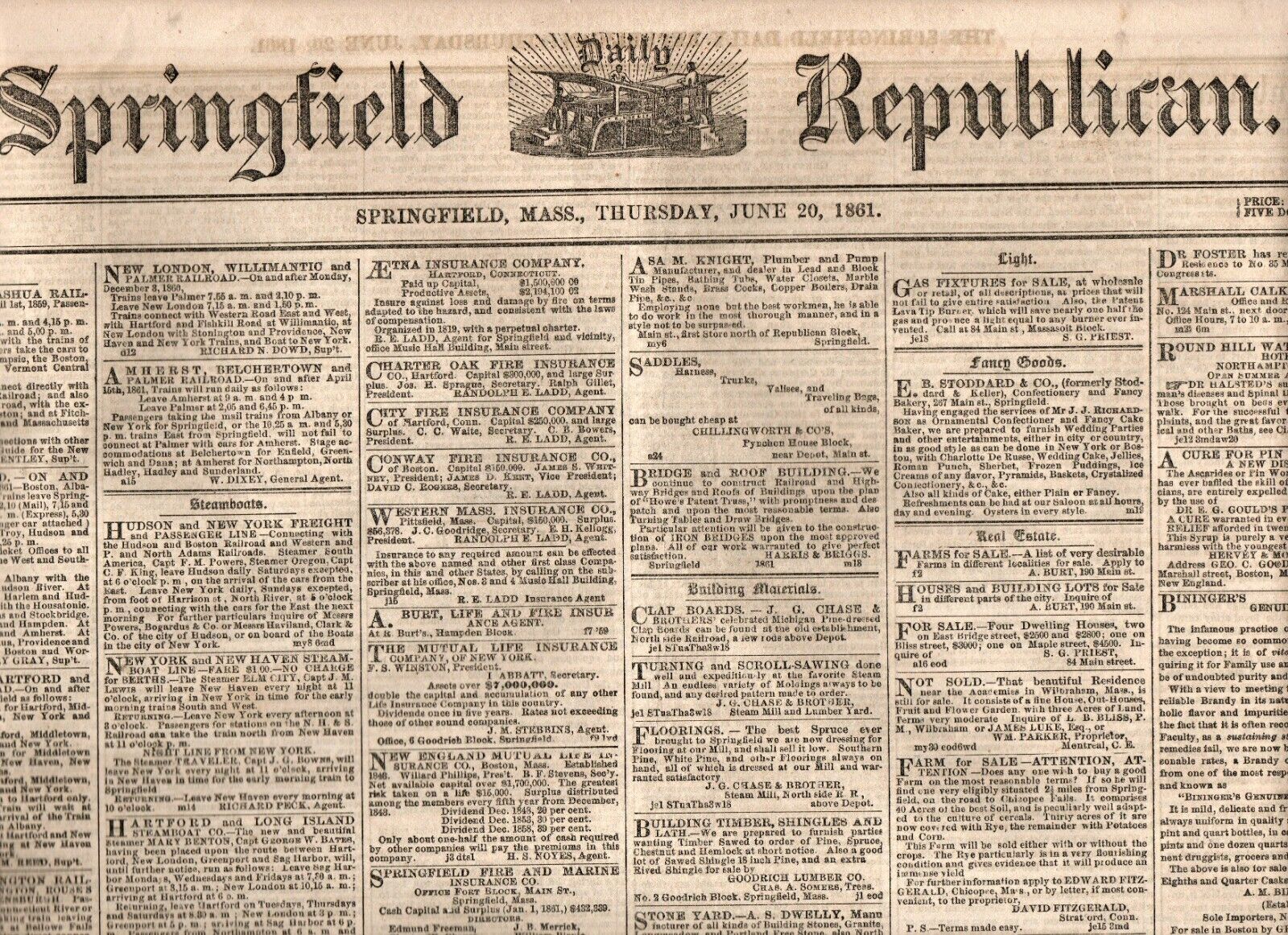 ANTIQUE NEWSPAPER Springfield Republican MA June 20 1861 CIVIL WAR STORIES 4 PGS