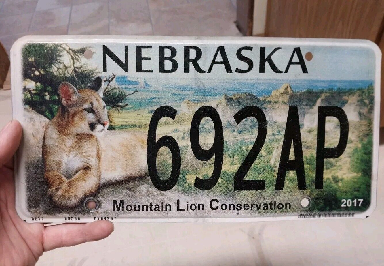 2017 Nebraska License Plate 692AP Mountain Lion Conservation Plate