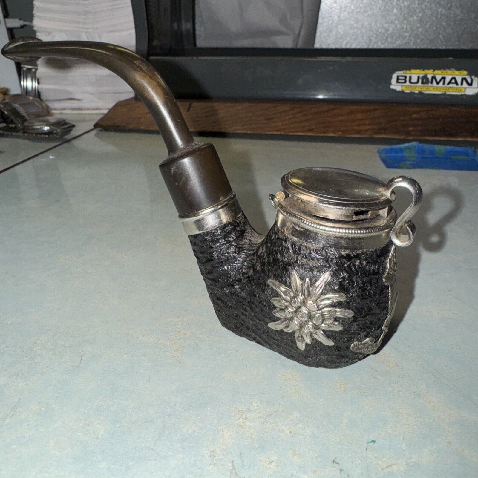 Vintage Swiss Made BBK Tobacco Pipe Hinged Lid Metal Hunting Horn Stag