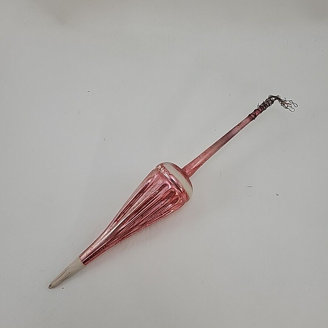 Vintage Long Pink Mercury Glass Icicle Parasol Shaped Christmas Ornament
