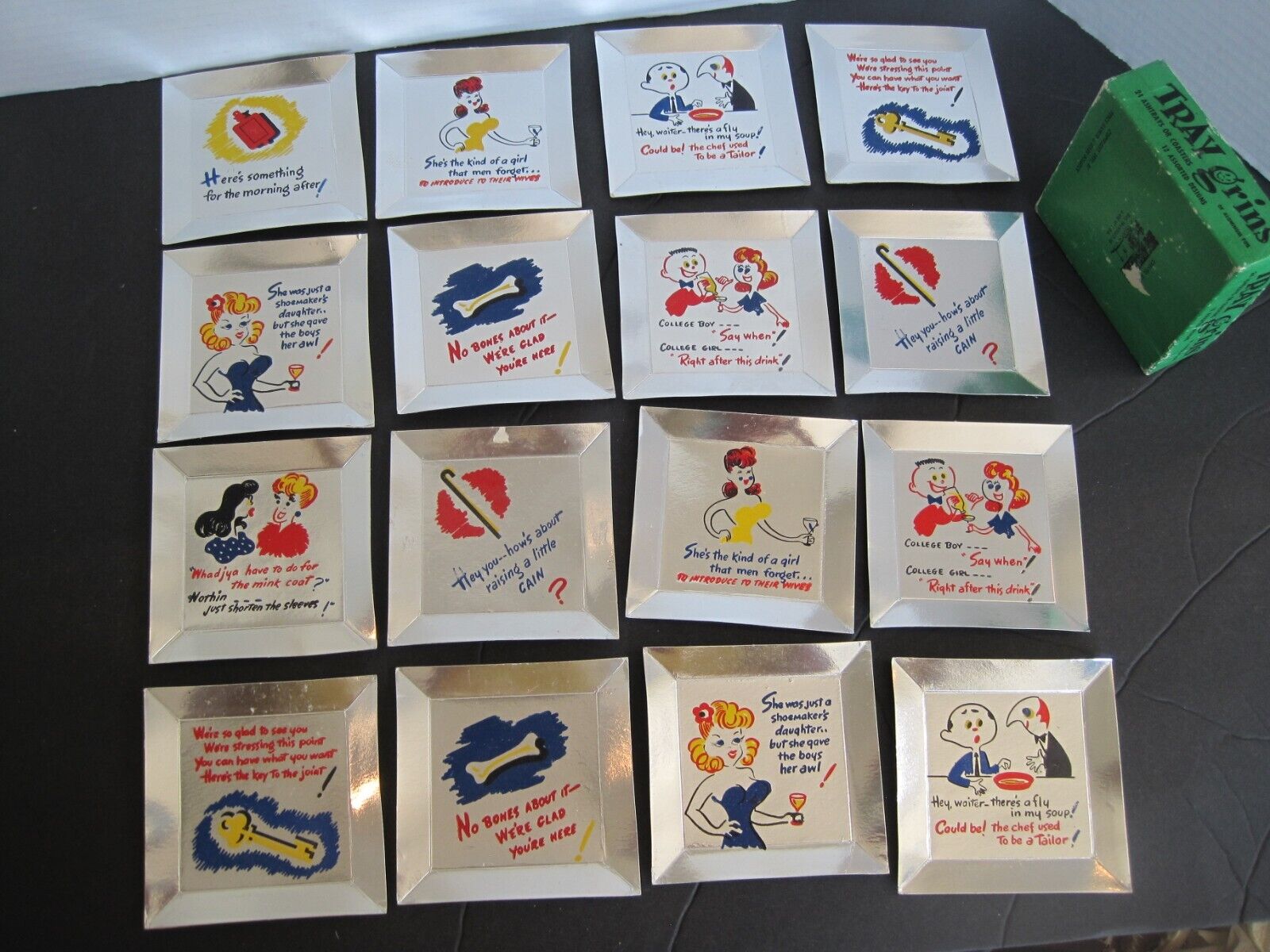 Vintage Tray Grins 50s 60s Paper Board Coasters Ashtray Humor Cigarette Lot / 16