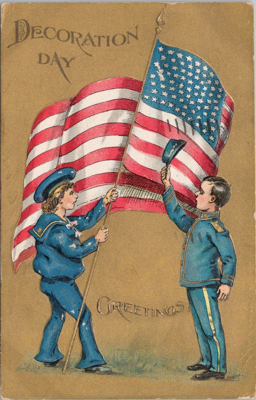 Lithograph Decoration Day Patriotic Girl Holding Flag Boy Saluting 1909