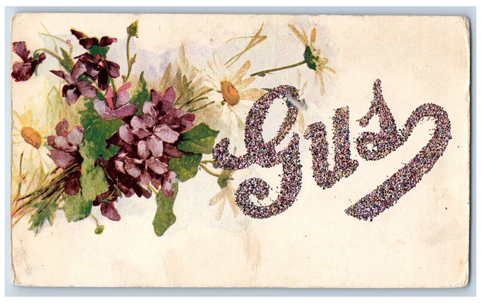 Kensett Iowa IA Postcard Gus Large Letters Glitter Flowers c1910\'s Antique