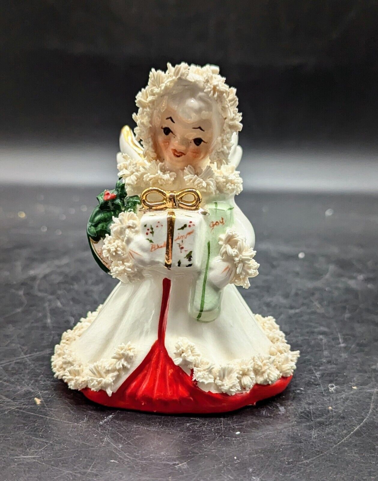 Vintage Napco Christmas Angel Figurine Spaghetti Trim S116B White Dress 