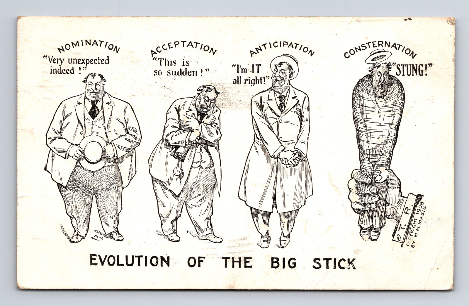 c1908 President Taft Political Cartoon Comic Evolution of the Big Stick Postcard