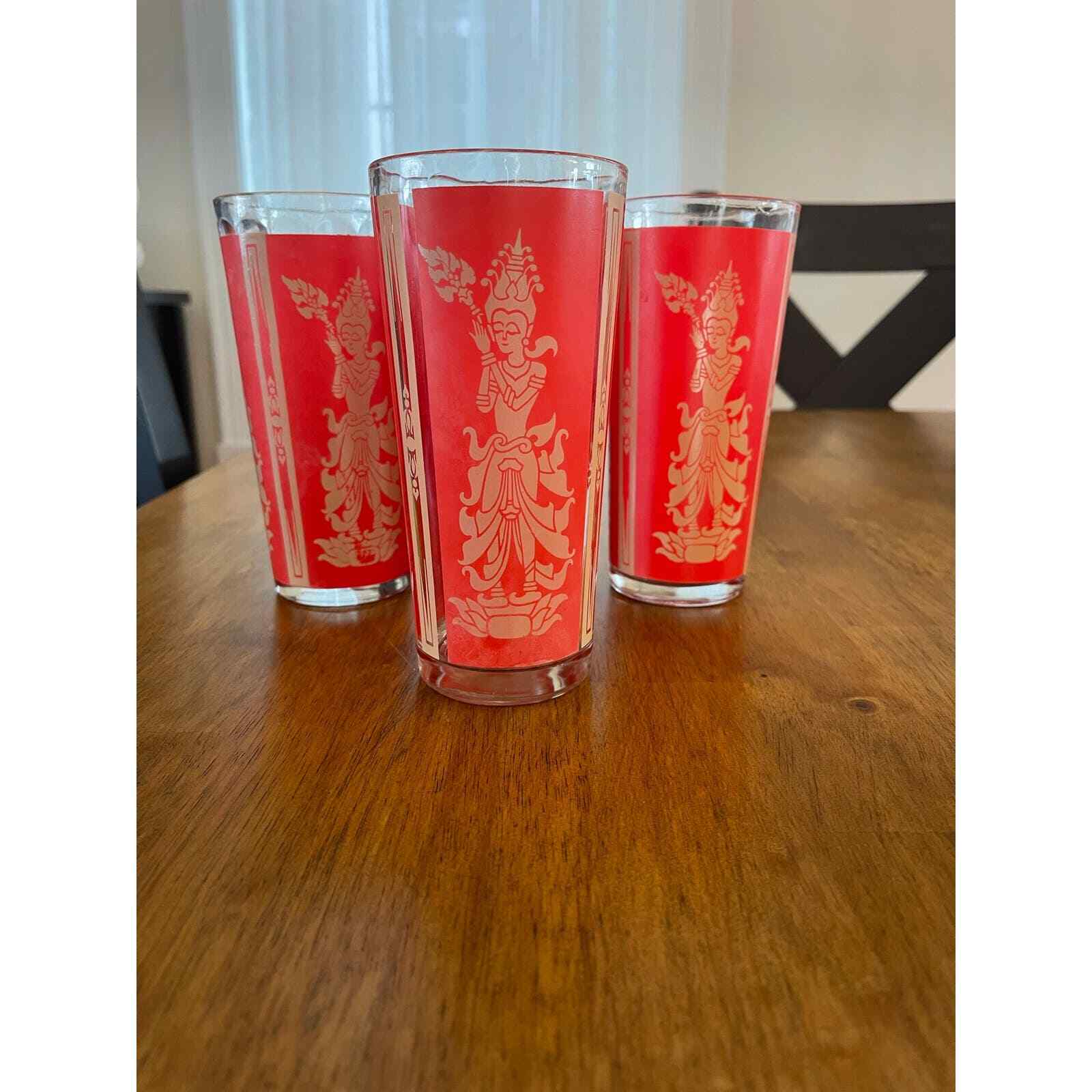 Vintage Set of 4 MCM Red and Gold Thai Princess Highball Glasses