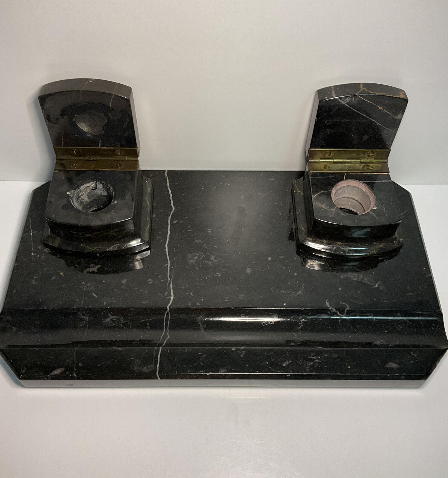Beautiful Antique Black Marble Inkwell With Marble Base.