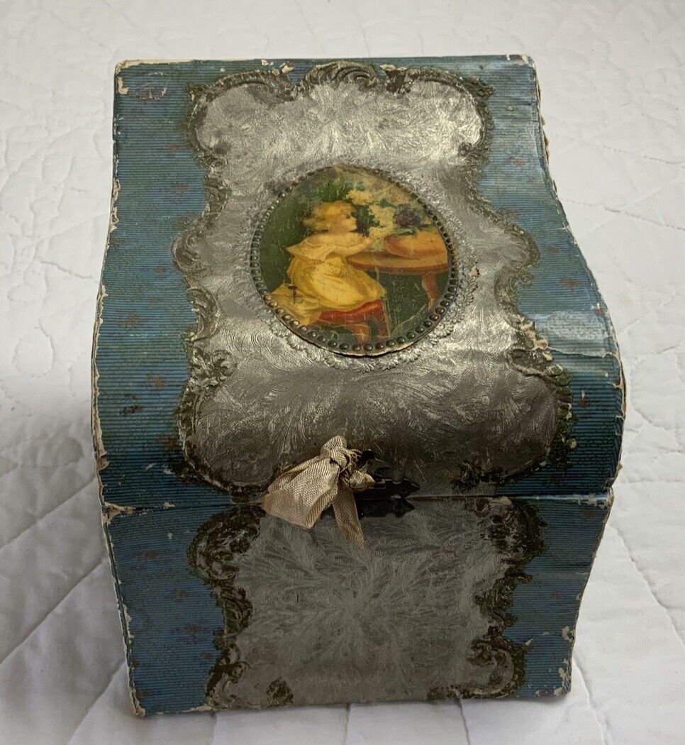 Antique Victorian Collar Box, Celluloid Young Girl Design, Paper Covered, Blue