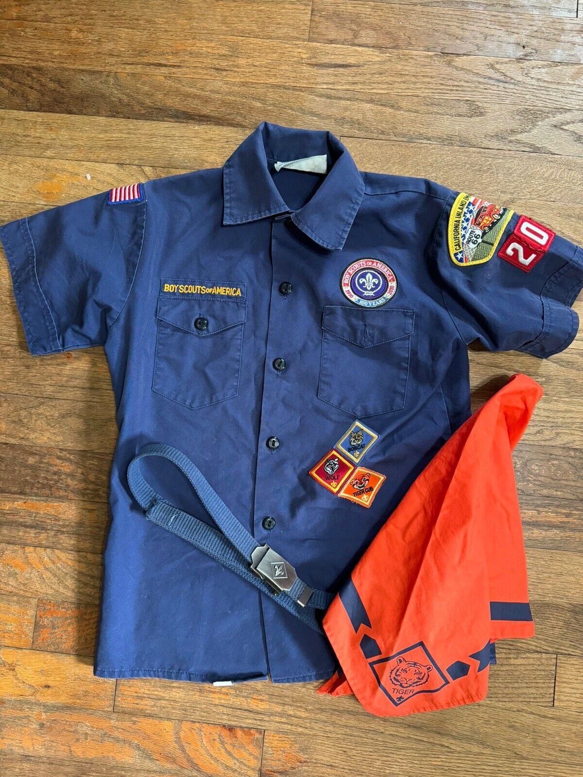 Vintage Boy Scouts Medium Shirt w/Patches Orange Scarf Blue Web Adjstable Belt