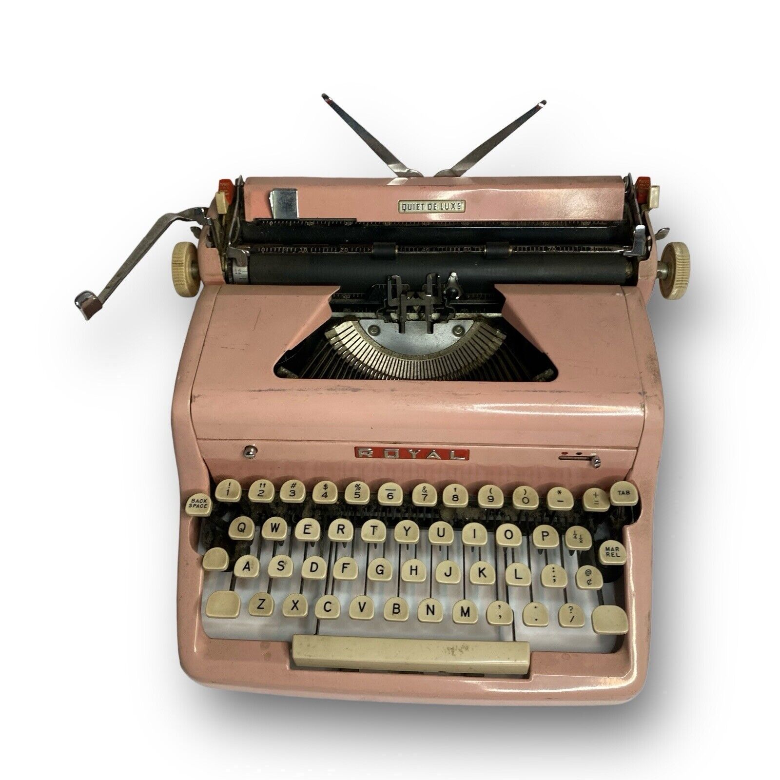 Vtg 1950\'s Pink Royal Quiet Deluxe De Luxe Portable Manual Typewriter