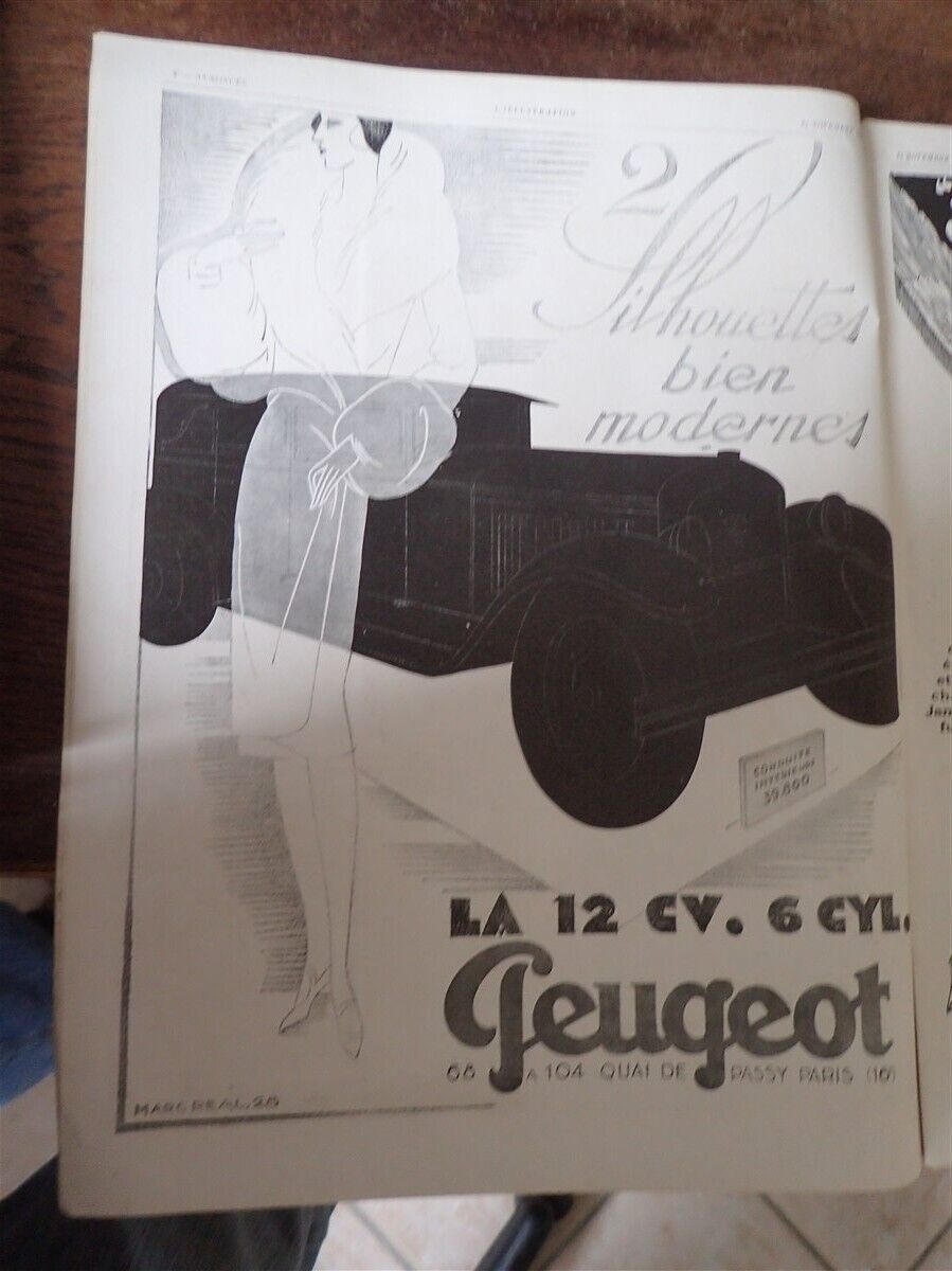Peugeot 12 hp 6 cyl + VELOUTY DE DIXOR paper advertising ILLUSTRATION 1928 neck