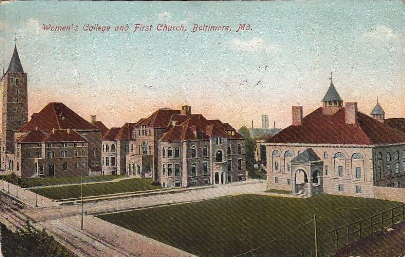 Postcard Women\'s College + First Church Baltimore MD Maryland 1909