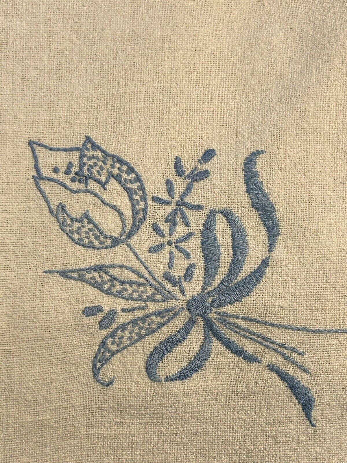 Vintage Linen Tablecloth Table Topper Blue Flower Ribbon Embroidery Flour Sack