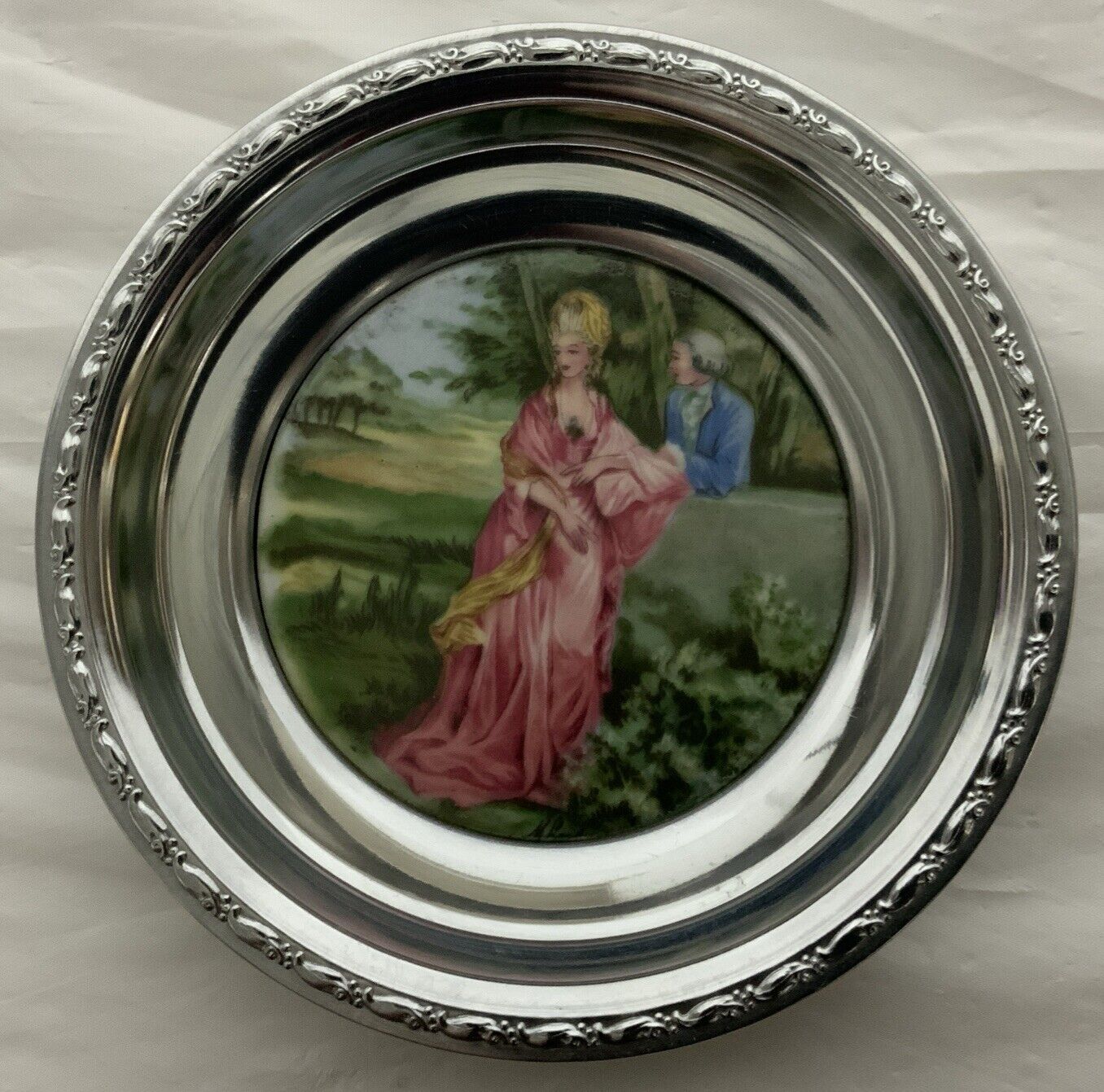 Vinage Porcelain & Silver Color “Courting Couple” Trinket Tray