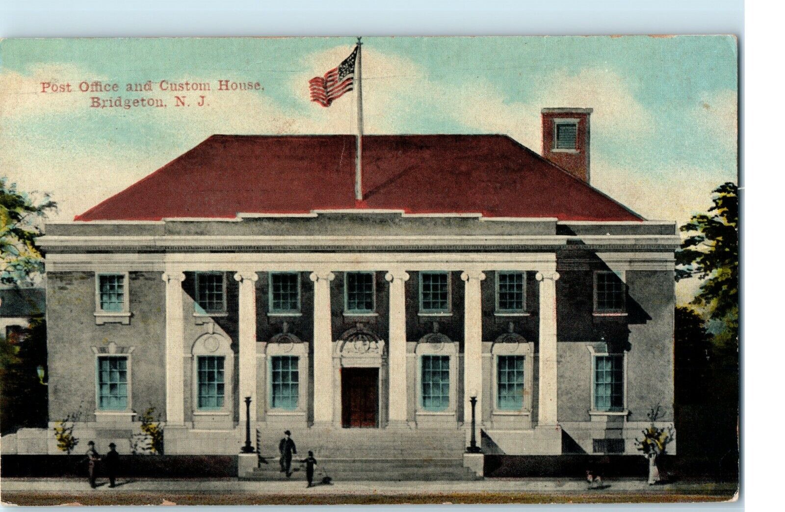 Postcard N.J. Bridgeton Post Office Custom House Exterior View U.S. Flag c1910\'s