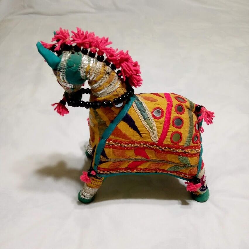 Vintage Rajasthani Embroidered Fabric Horse Made in India Folk Art Colorful