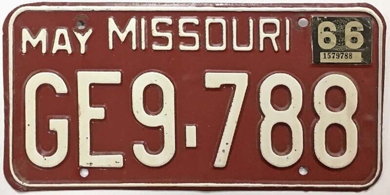 Missouri 1965 1966 License Plate GE9-788 Original Paint in Nice Condition