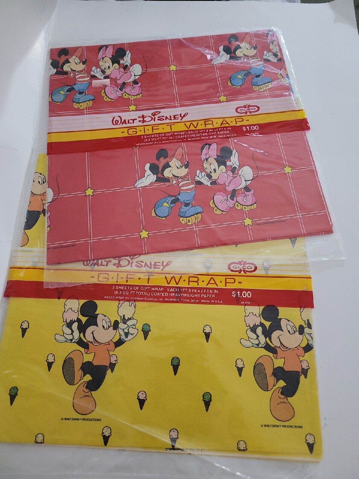 Vintage Disney Cleo Gift Wrap Wrapping Paper Lot Of 2 NEW Mickey Minnie Donald 