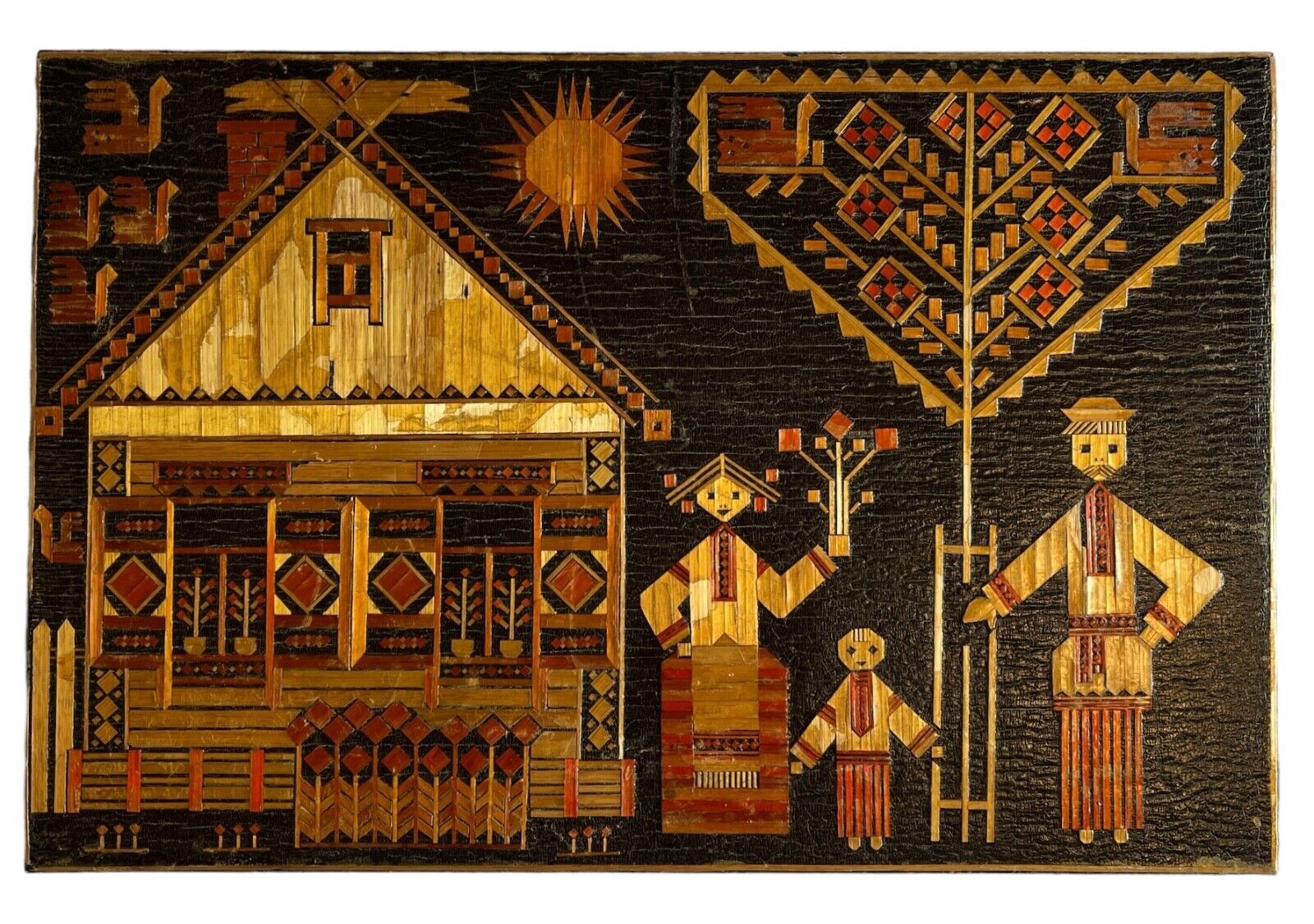 Vintage Russian Straw Art Folk Art Family Farm Inlay Marquetry Made in the USSR