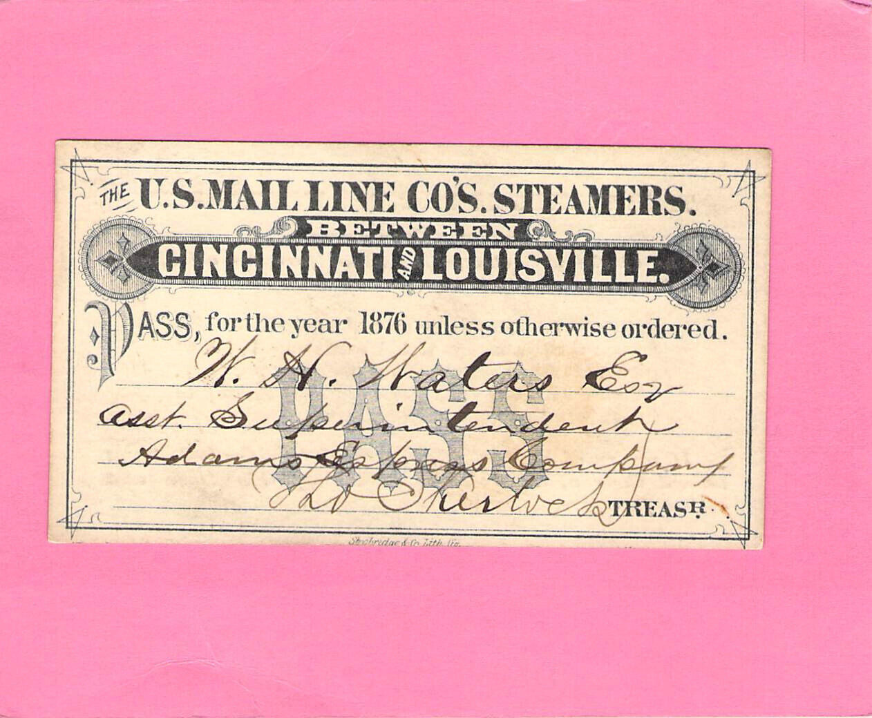 1876 U S MAIL LINE CINCINNATI LOUISVILLE ADAMS EXPRESS AGENT PASS