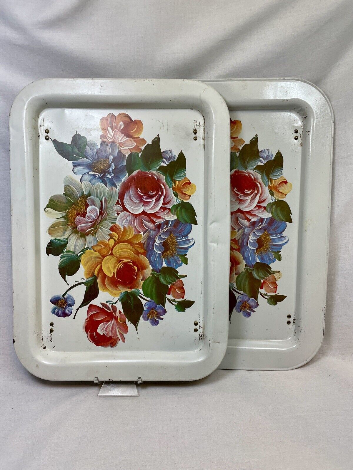 Set Of 2 Vintage MCM Metal Lap TV Tray w/ Folding Legs Floral Roses Shabby Chic