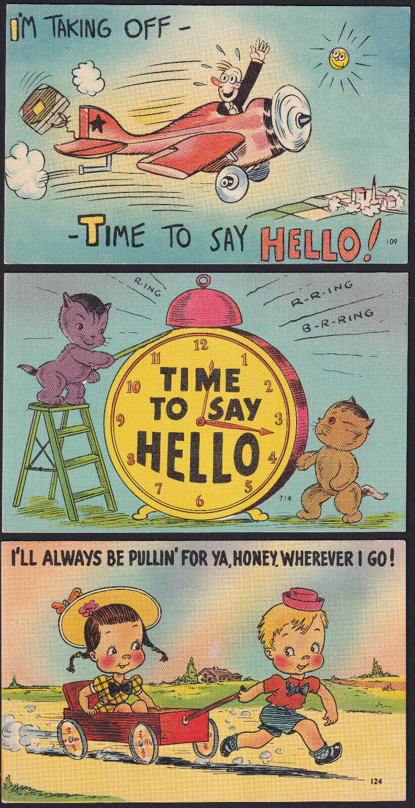 3-Comic-Humor-Airplane-Cats-Kids-Hello-Color-Vintage Linen Greeting Postcard Lot