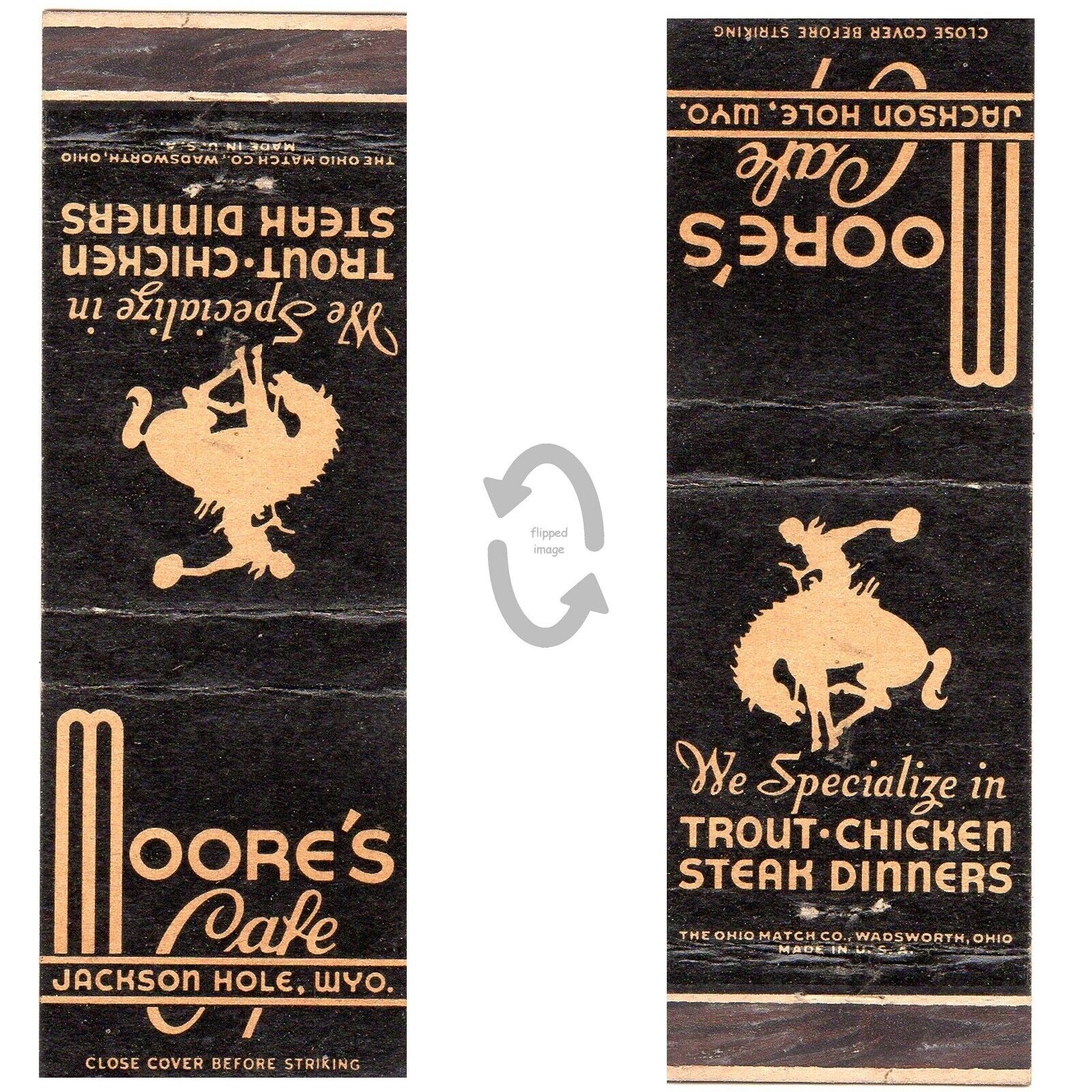 Vintage Matchbook Cover Moores Cafe Jackson Hole WY bucking bronco cowboy 1940s