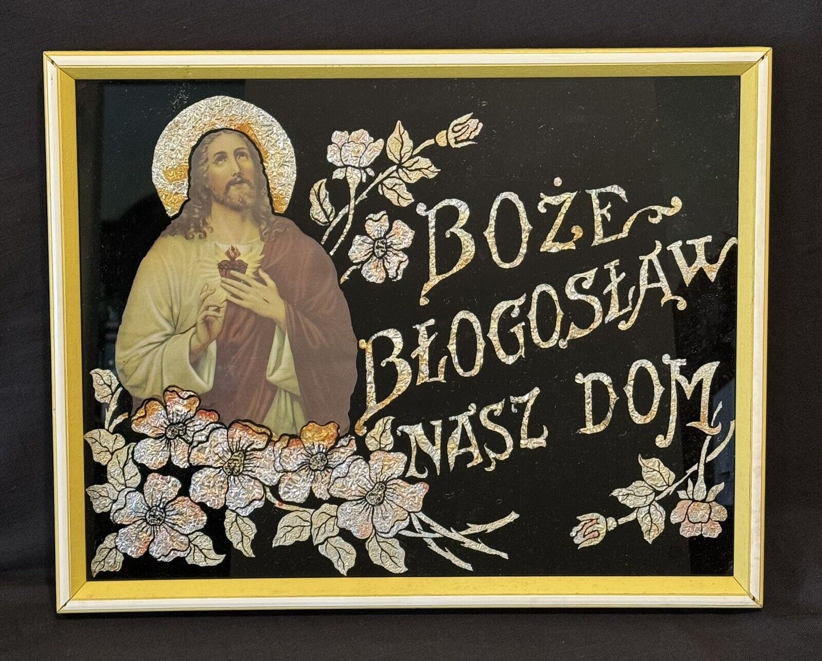 Vintage God Bless Our Home in Polish Foil Motto Picture Jesus Flowers