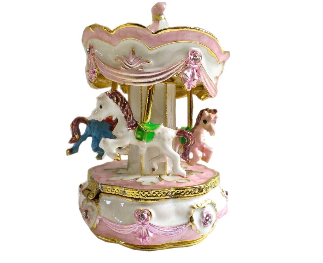 Bejeweled Pink Carousel Hinged Metal Enameled crystal Trinket box