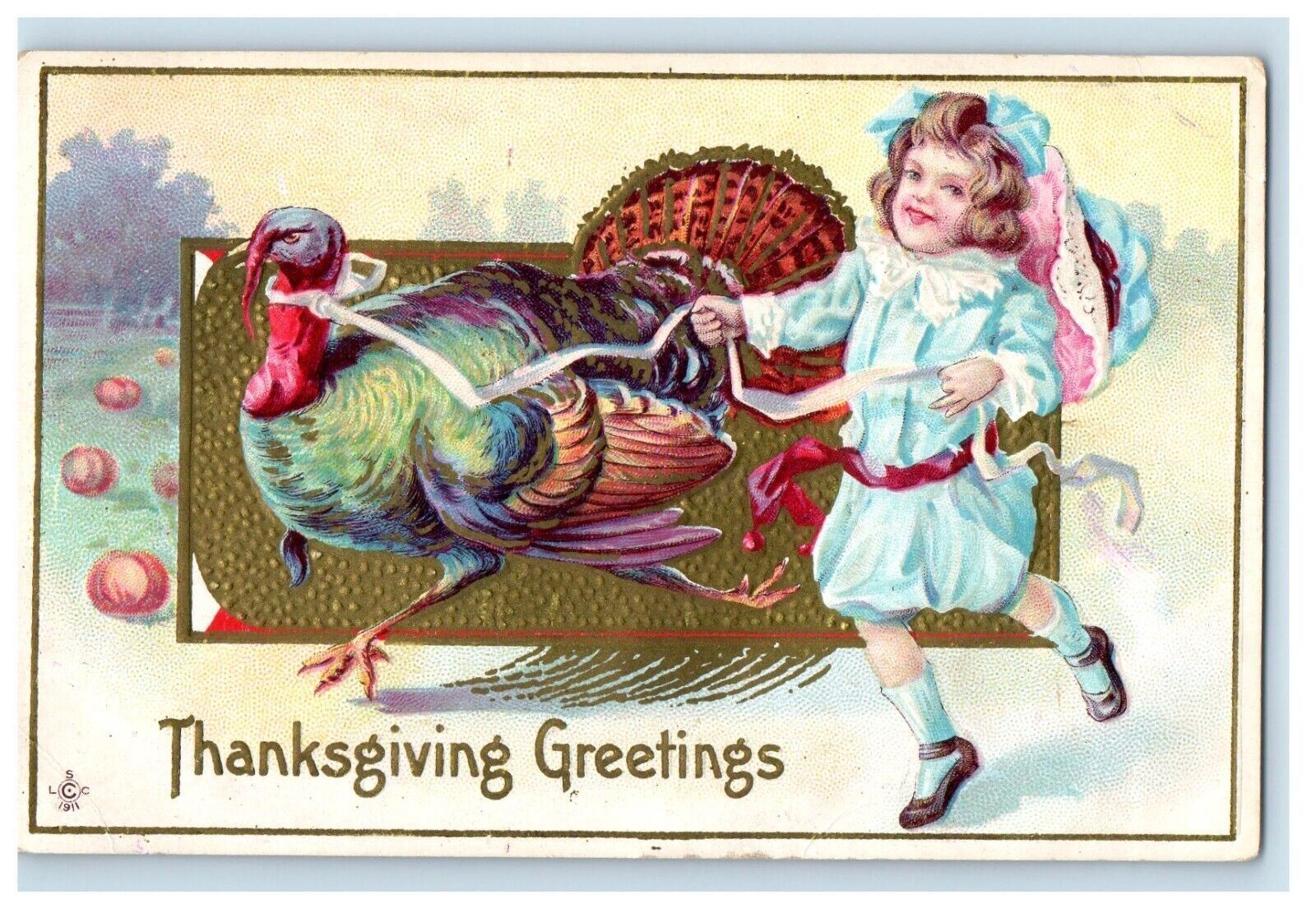 c1910\'s Thanksgiving Greetings Girl Turkey Pumpkin Posted Antique Postcard