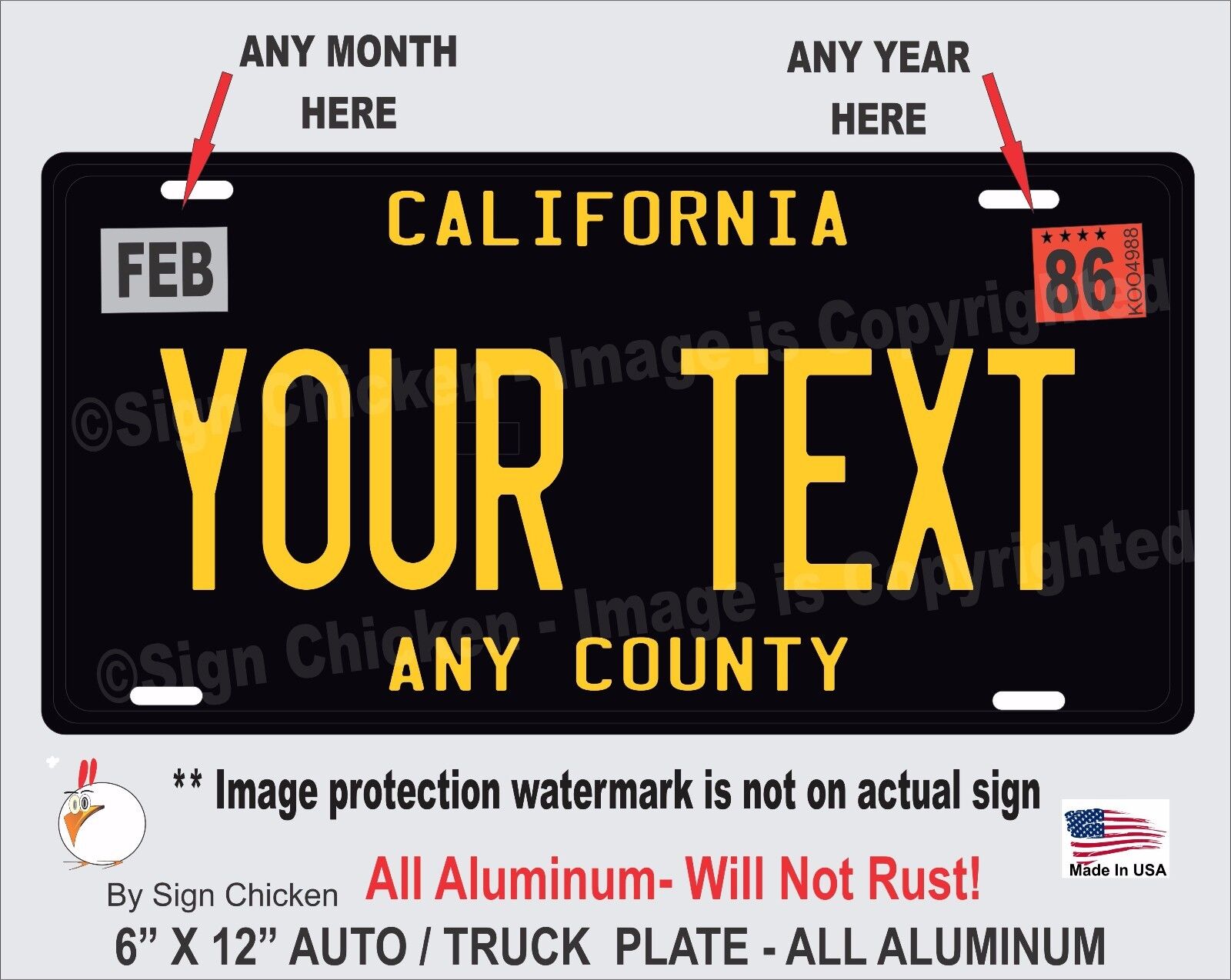 California Black CUSTOM TEXT  Personalized vanity License Plate AUTO, SOCAL