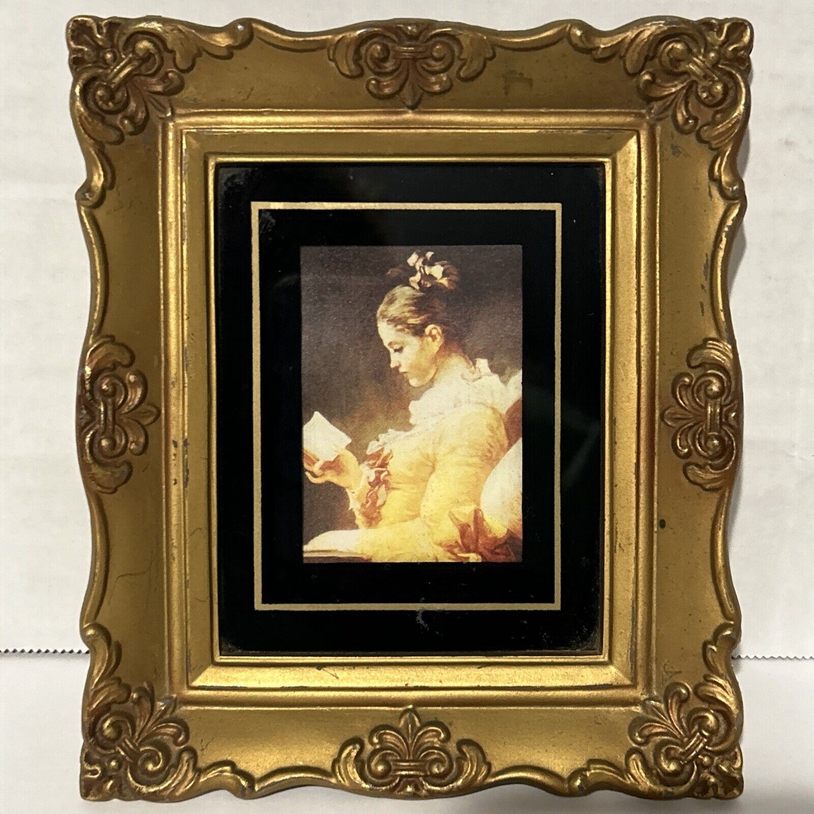 Vintage Ornate Hard Plastic Framed #71 Young Girl Reading Fragonard 6x7