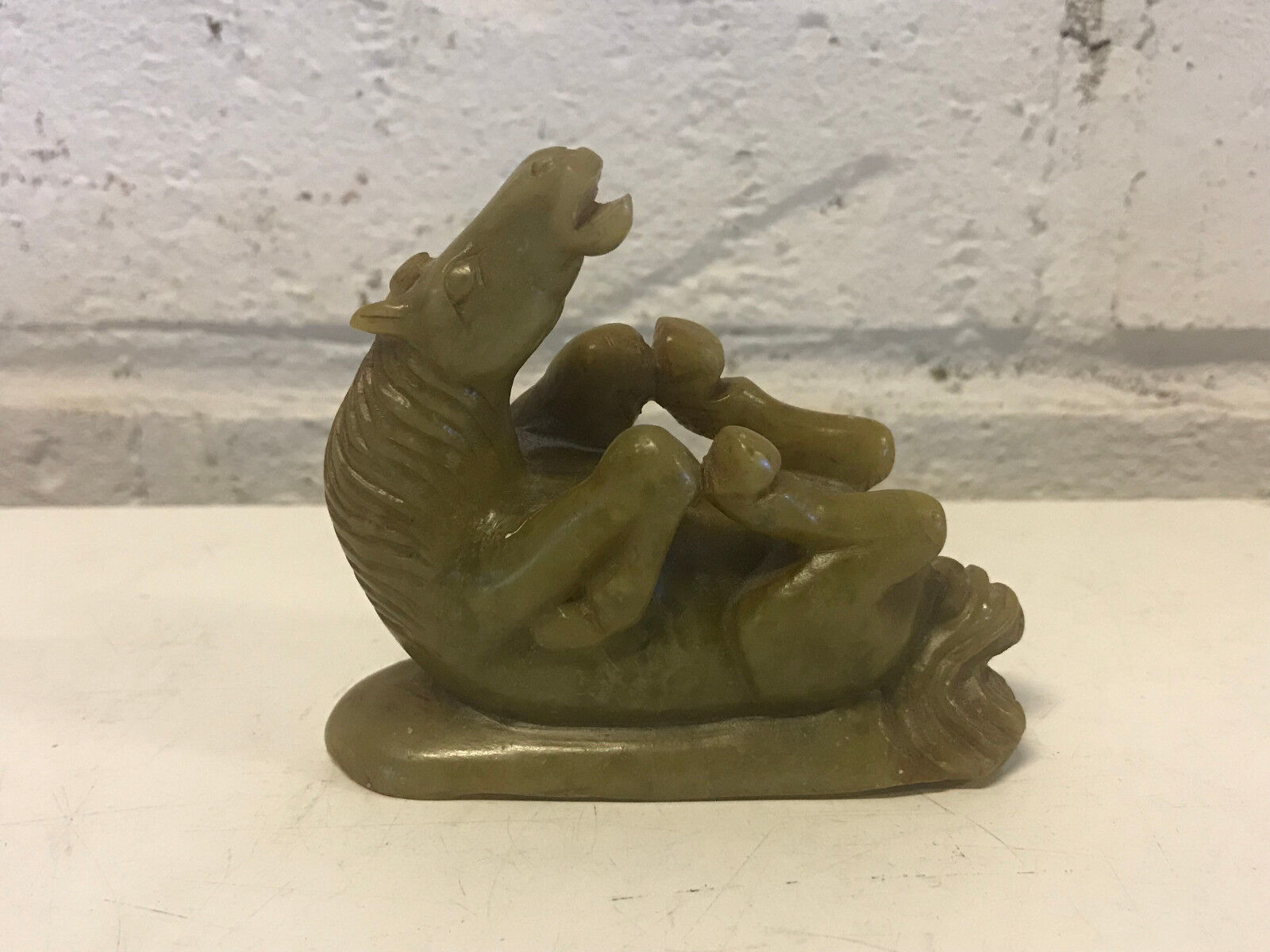Vintage Asian Chinese Soapstone Figurine Carving of a Horse Laying Down on Back