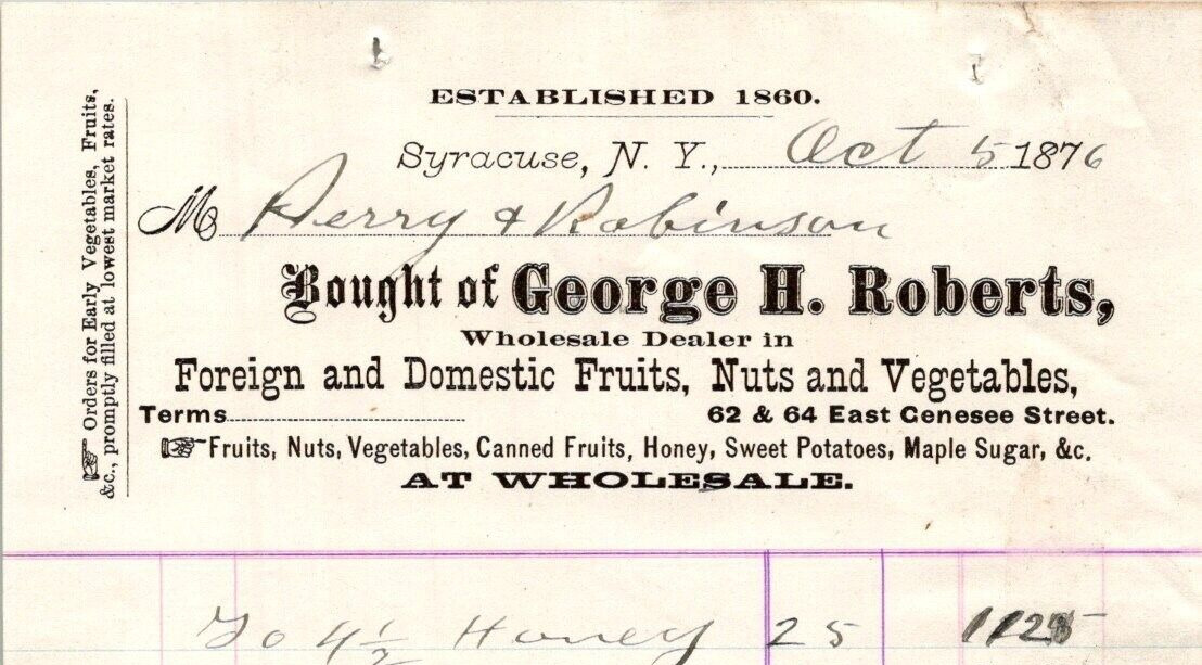 1876 George H Roberts Foreign Domestic Fruits Nuts Vegetables  SYRACUSE NY H237