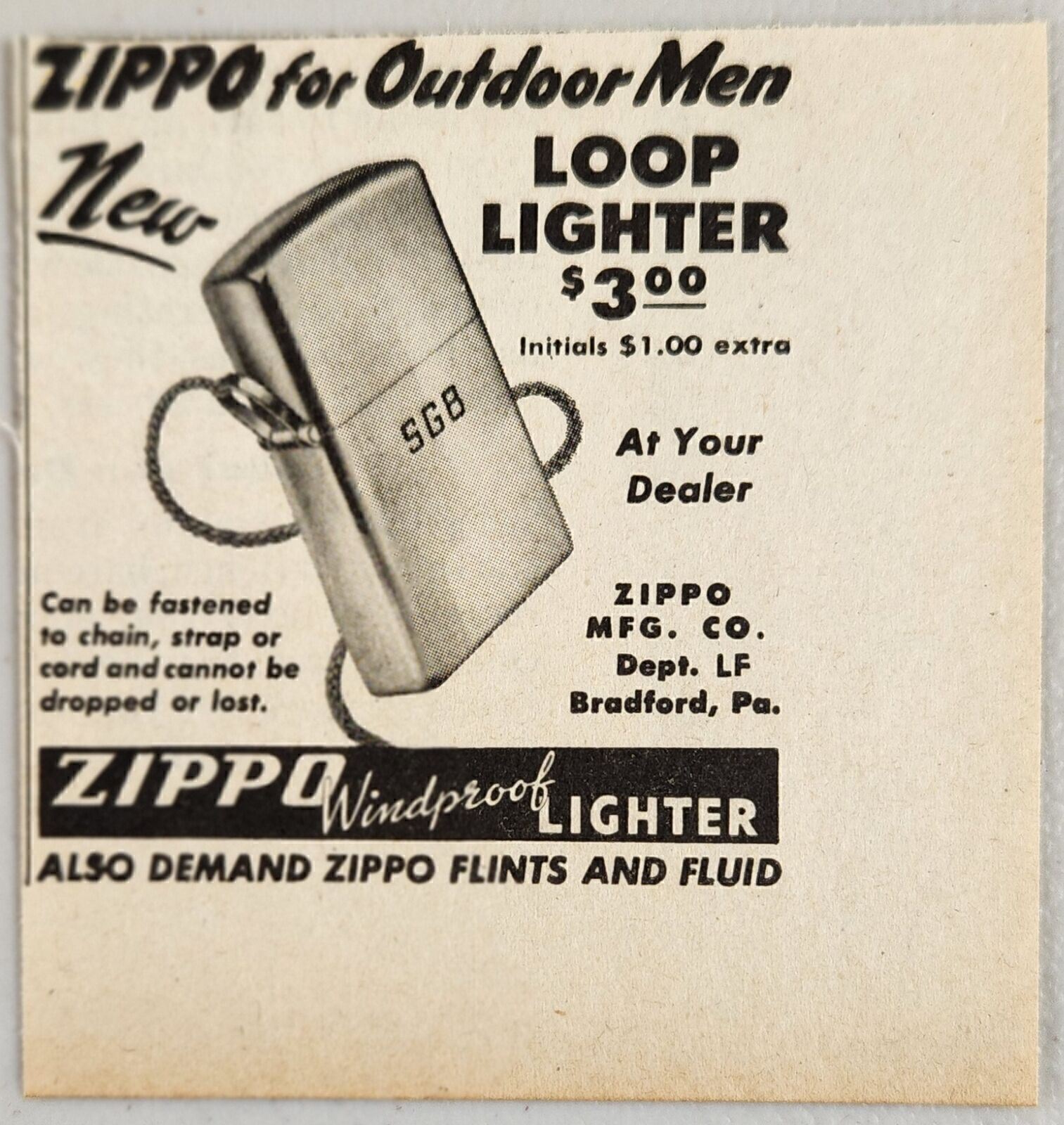 1948 Print Ad Magazine Advertisement Ziipo Loop Windproof Lighters Bradford,PA
