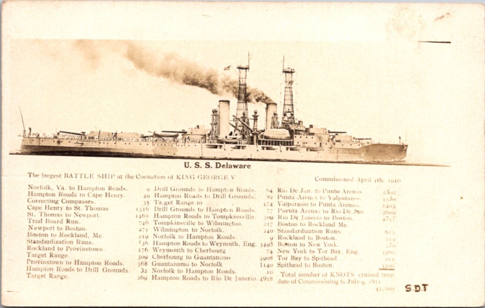 Real Photo Postcard U.S.S. Delaware Commissioned April 4th 1910