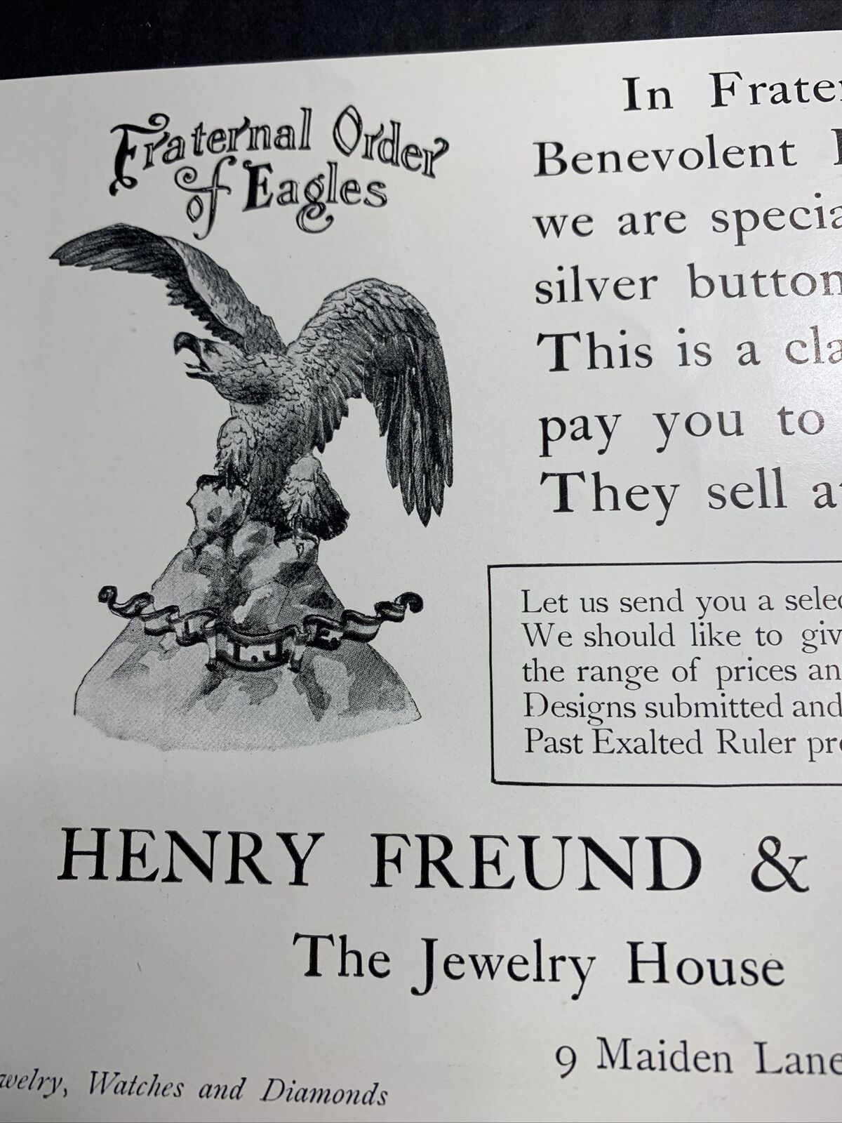 1904 Original Ad Henry Freund jewelry house, fraternal, order of eagles, elk