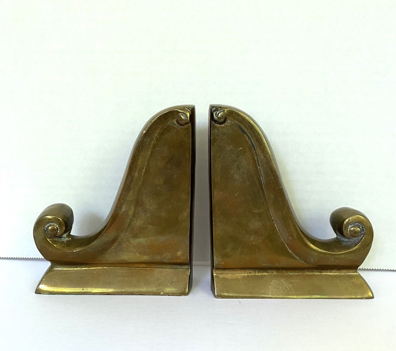 Vintage Heavy Solid Brass MCM Midcentury Scroll Bookends 