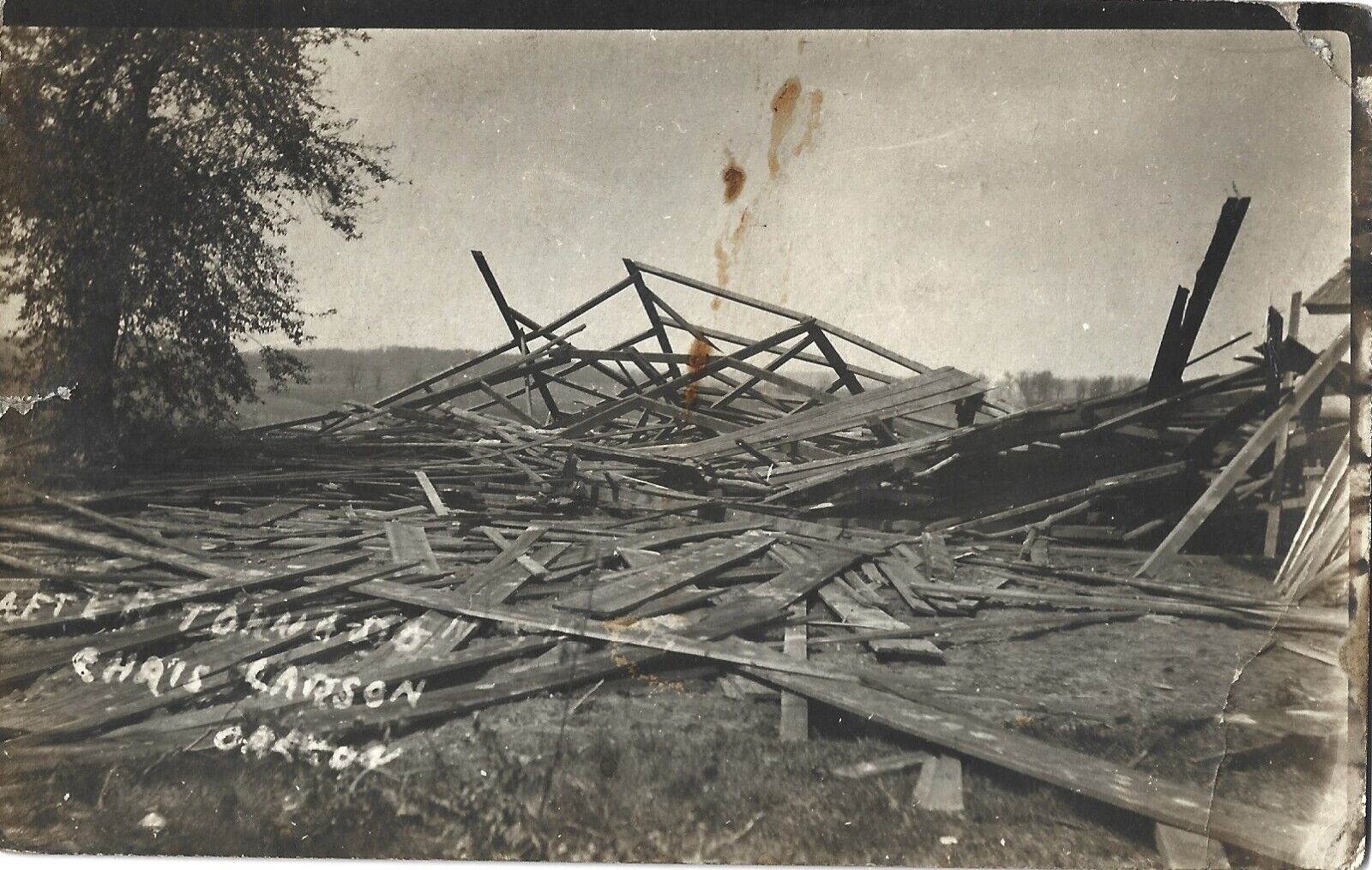 Demolished barn/home after tornado, Stoughton WI; nice 1917 RPPC