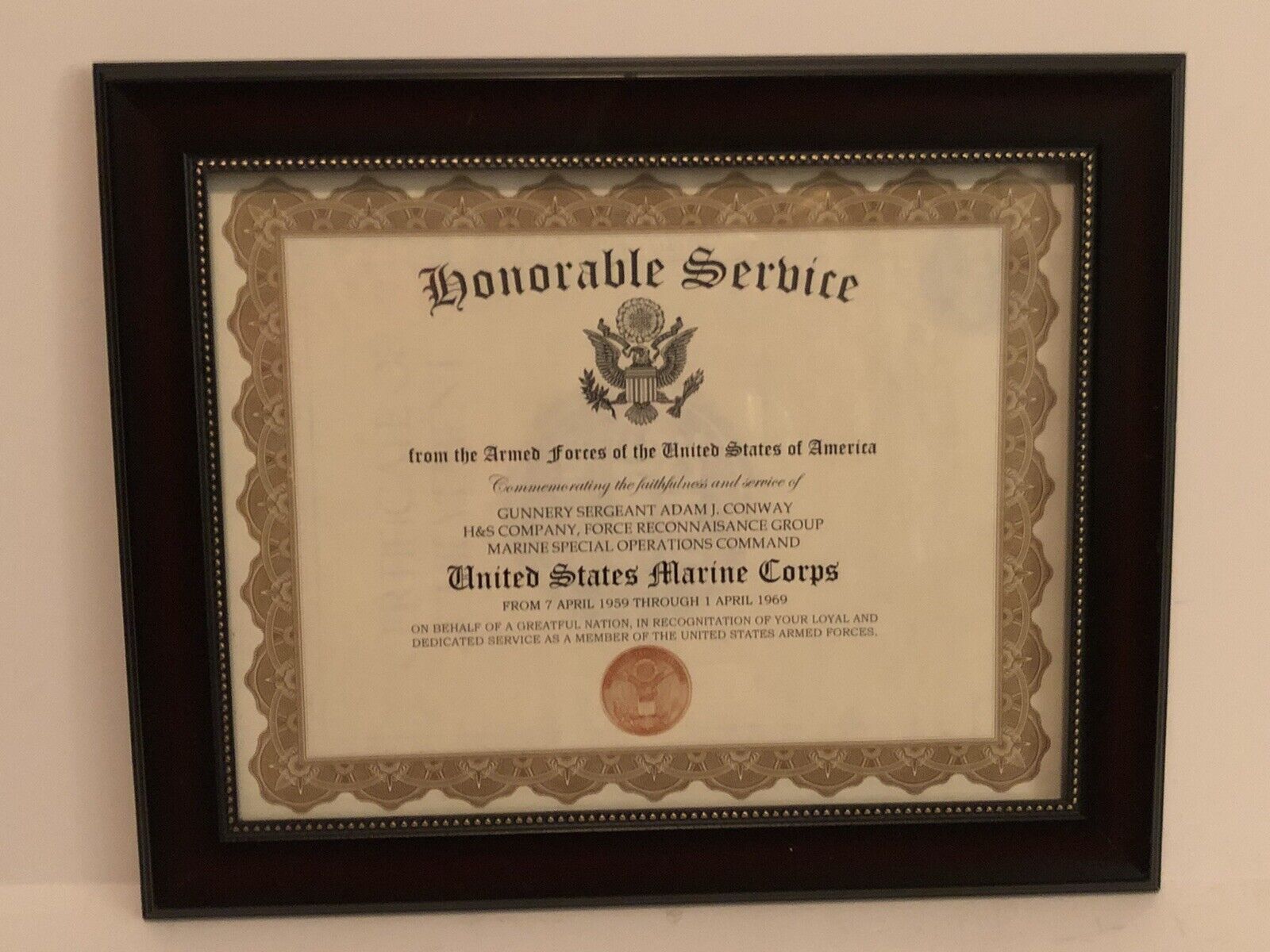 HONORABLE SERVICE~U.S. MARINE CORPS -Commemorative Certificate w/Custom Printing