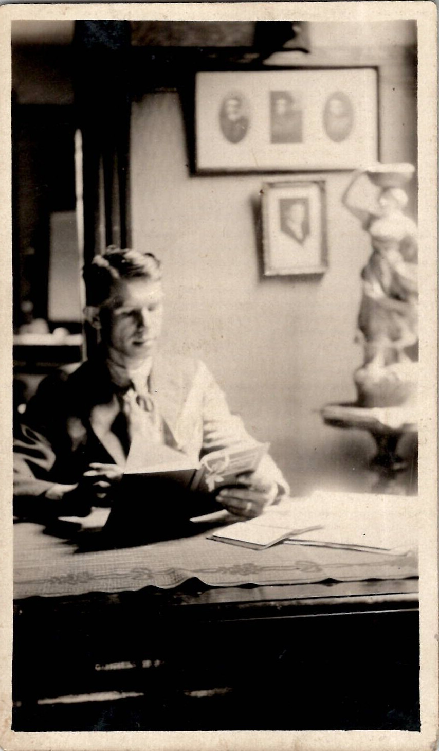 Voyeur Watching A Handsome Educated Scholar Reading 1920s Vintage Photograph