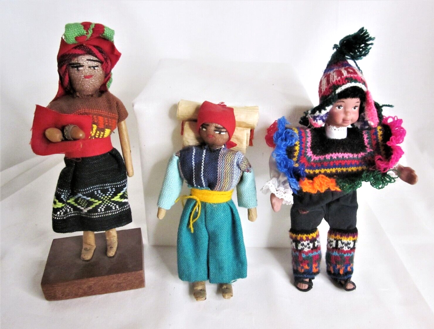 3 Folk Art Textile/Composite Dolls Handmade Peruvian South American