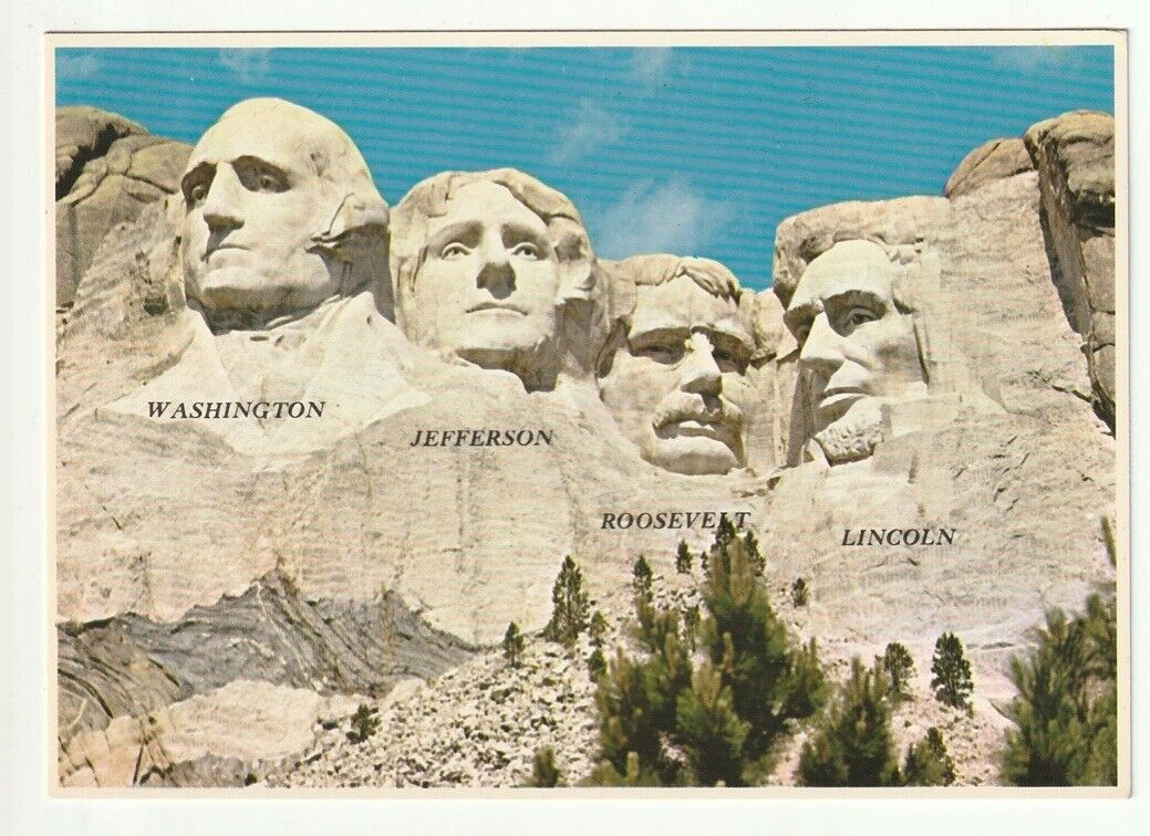 Vintage Unposted PC Mount Rushmore with labels. Black Hills, South Dakota