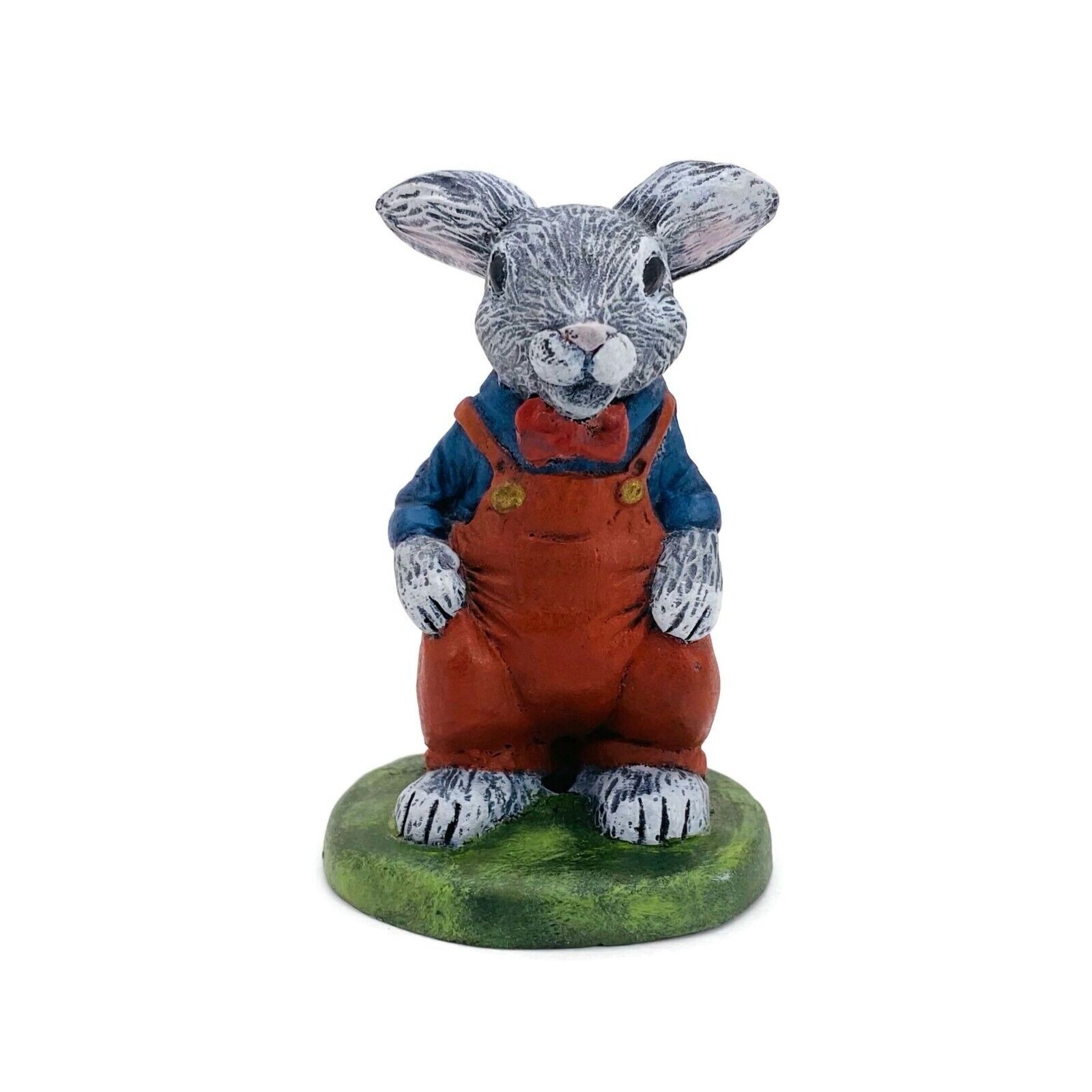 Vintage Gray Bunny Rabbit in Red Overalls Figurine Signed Sandra Grant