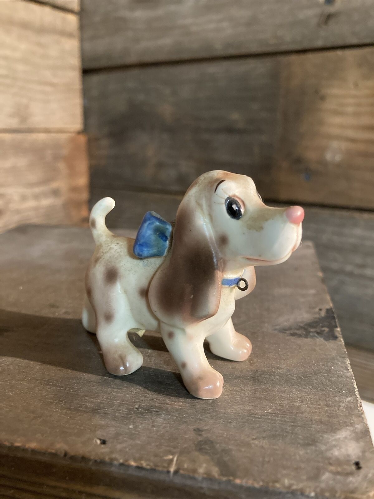 Vtg. Bassett Hound Figurine, Brown and White Dog with Spots & Bow Japan