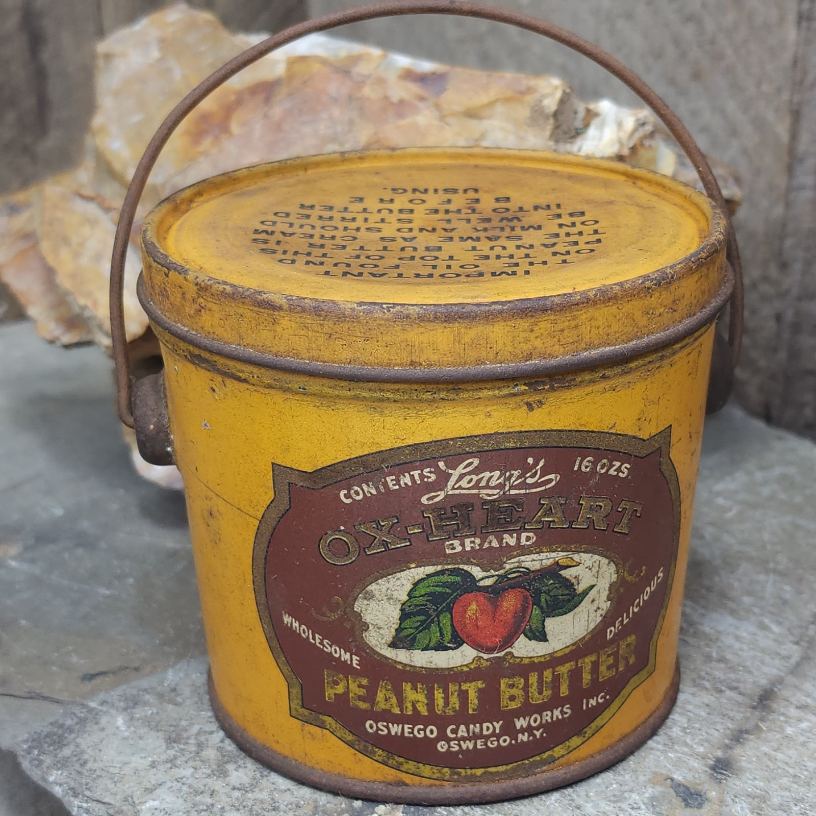 Antique Lang\'s Ox-Heart Brand Peanut Butter Advertising Tin Can Bucket 1 Pound