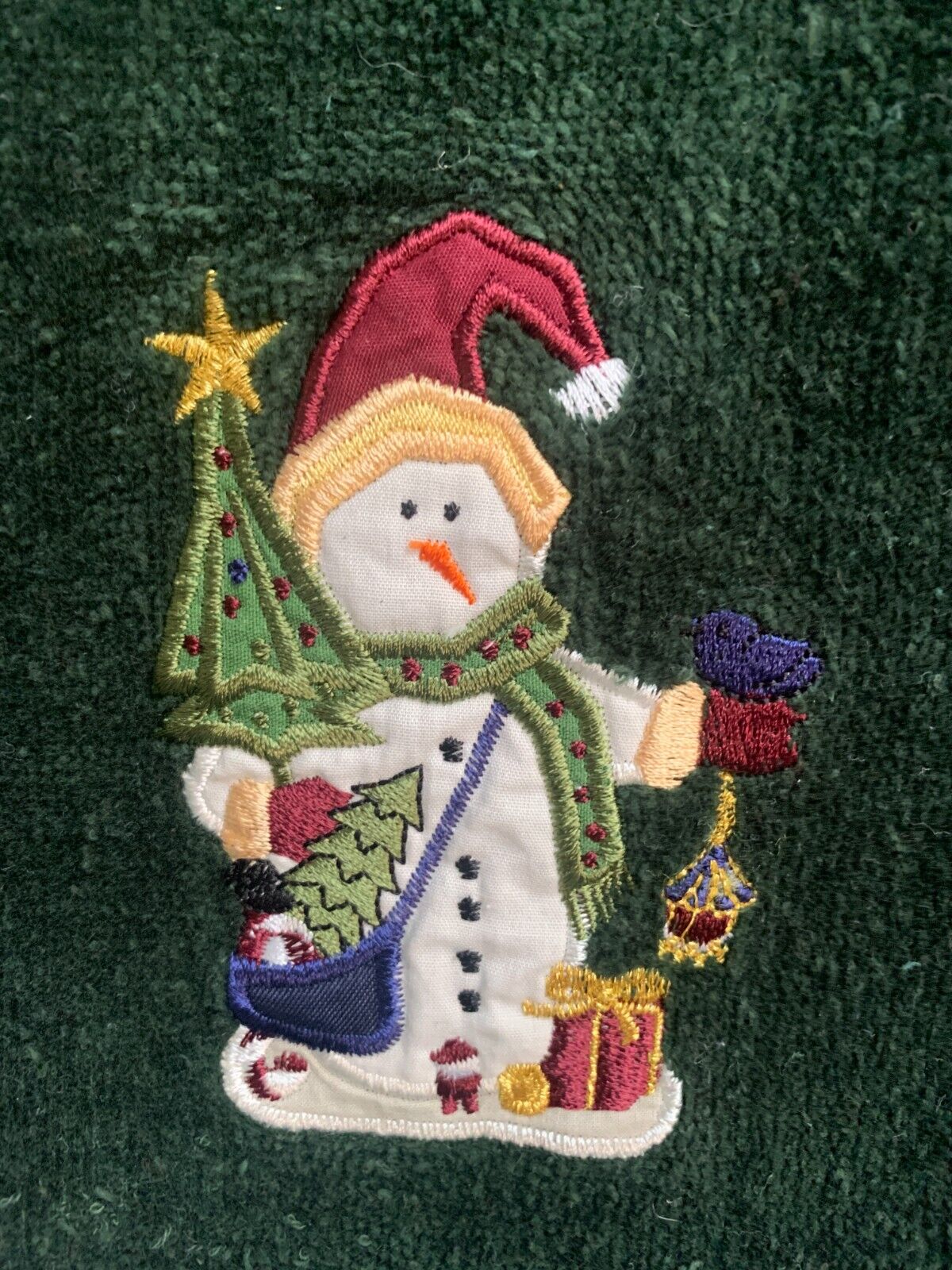 VTG Embroidered Fingertip Towel Christmas Snowman Green