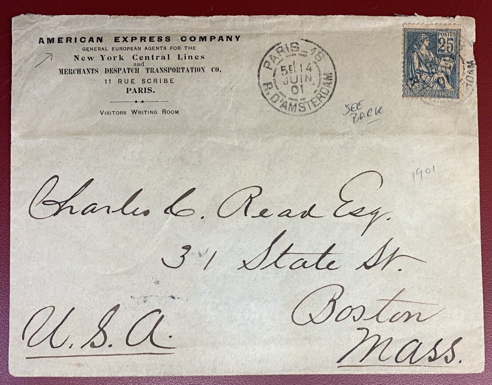 France, Scott #119 Used on 1901 New York Central Railroad Cover Sent to Boston