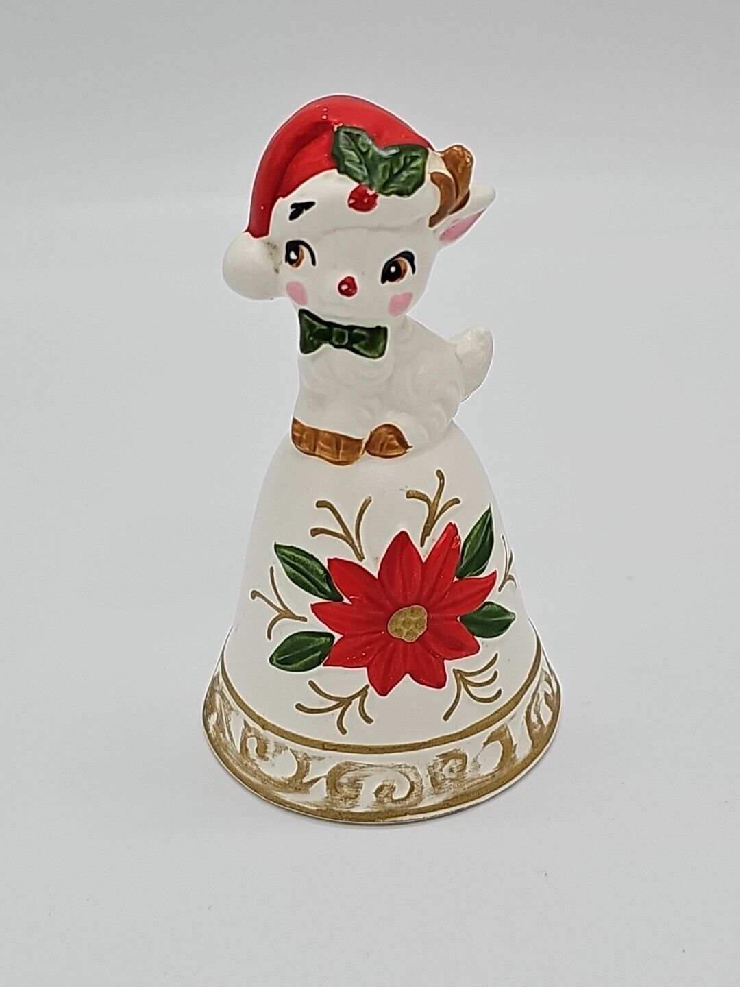 Vintage Napco Lamb Santa Hat Poinsettia Christmas Bell Porcelain Bone China 