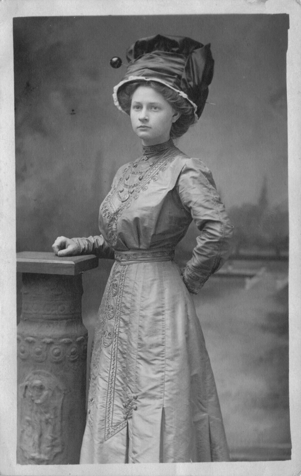 RPPC Fashionable Woman Embroidered Satin Dress, Giant Hat Pin Dayton OH Postcard